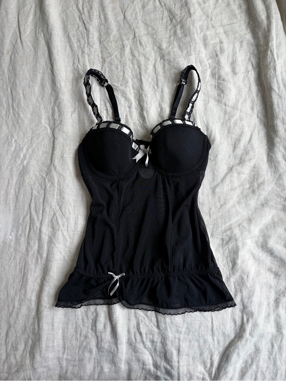 Vintage Y2K Black Mesh Babydoll Cami Top Coquette Goth Underwire Bustier 75B 34B